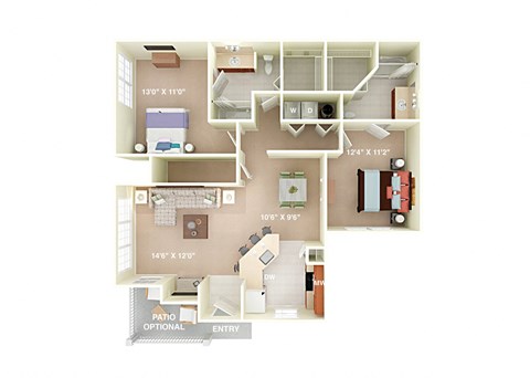 Floor plan for 2 beds, 2 baths, 1021 sqft